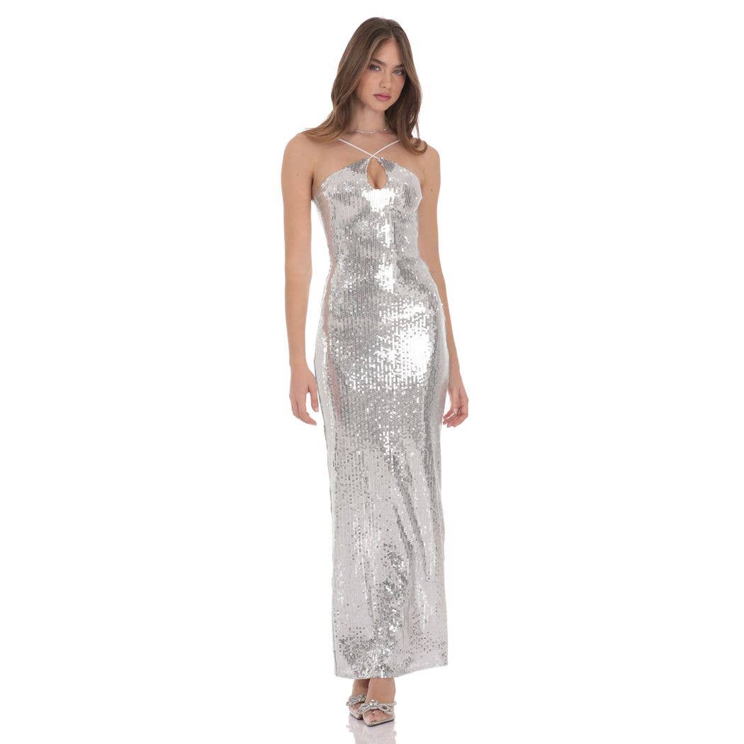 Sequin Keyhole Maxi Dress in Silver
