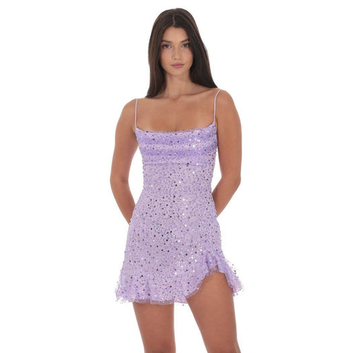 Sequin Beaded Ruffled Slit Dress in Lavender