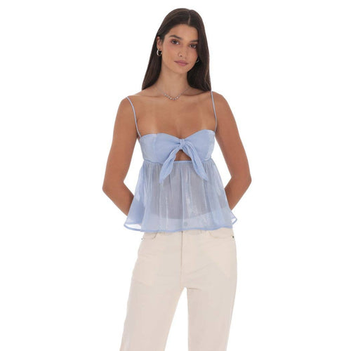 Sheen Front Tie Babydoll Top in Light Blue