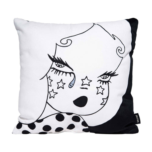 Valfre Cloud Pillow with embroidered face, star and teardrop details, and polka dot collar