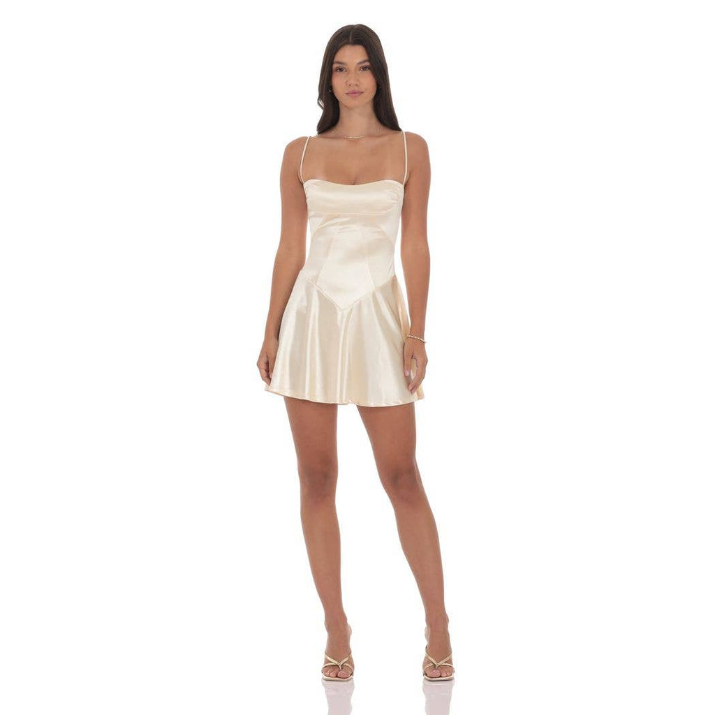 Satin V-Drop Waist Dress in Champagne