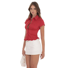 Load image into Gallery viewer, PinStripe Button-Up Ruffle Top in Red