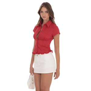 PinStripe Button-Up Ruffle Top in Red