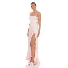 Load image into Gallery viewer, Satin Jacquard Back Bow Corset Maxi Dress in Pink