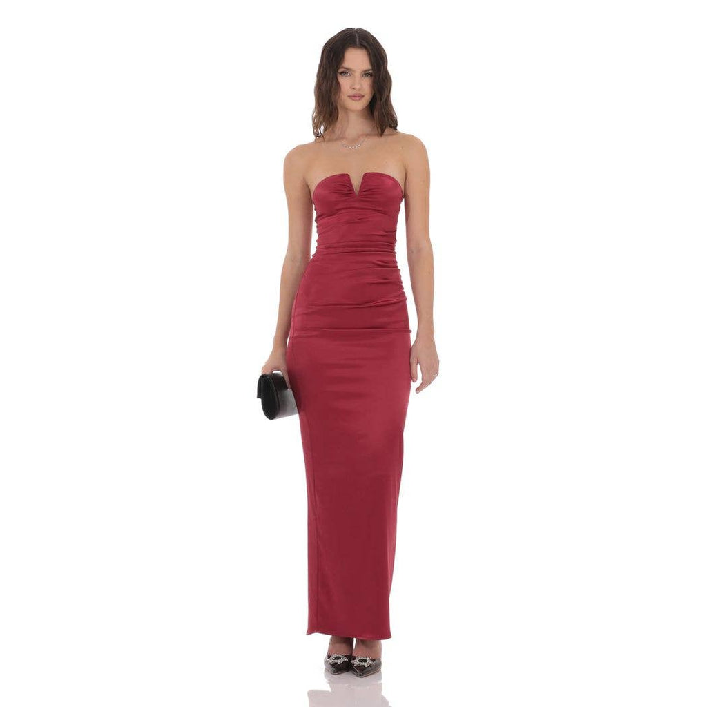 Satin V-Strapless Maxi Dress in Maroon: