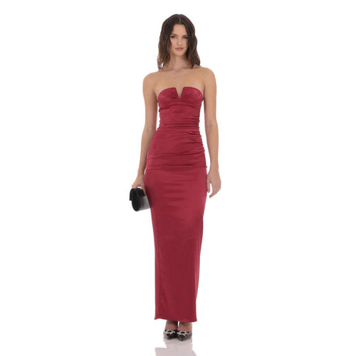 Satin V-Strapless Maxi Dress in Maroon