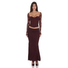 Load image into Gallery viewer, Longe Sleeve Lace Corset Top in Deep Wine