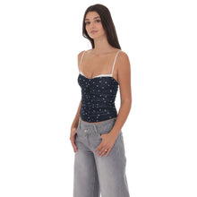 Load image into Gallery viewer, Ruched Polka Dot Mesh Top in Navy