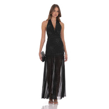 Load image into Gallery viewer, Rhinestone Plunge Cowl Neck Maxi Dress in Black