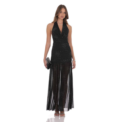 Rhinestone Plunge Cowl Neck Maxi Dress in Black