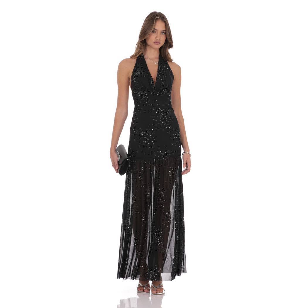 Rhinestone Plunge Cowl Neck Maxi Dress in Black