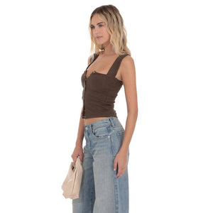 Ribbed Square Neck Top in Brown