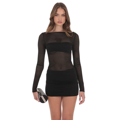 Sheer Striped Cutout Dress in Black