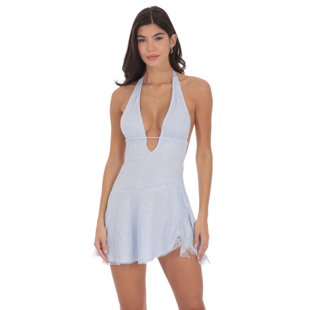 Lace Sequin Plunge Neck Dress in Light Blue
