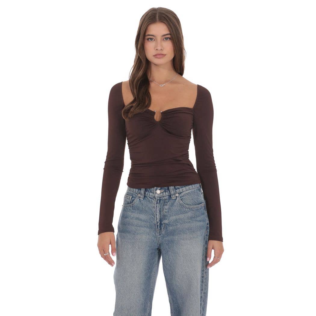 Embellished Long Sleeve Top in Chocolate