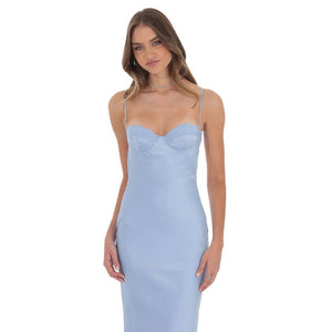 Open Back Satin Maxi Dress in Light Blue